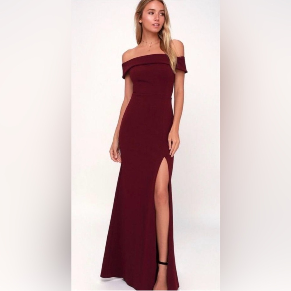 Lulus Aveline Burgundy Off-The-Shoulder Dress